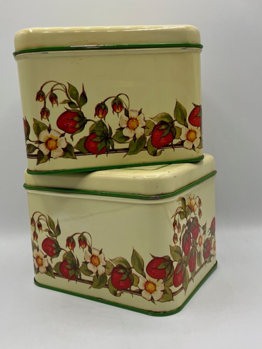 Pair Vintage Strawberry Metal Tins 4.5" H x 6" L x 5"W Good Condition